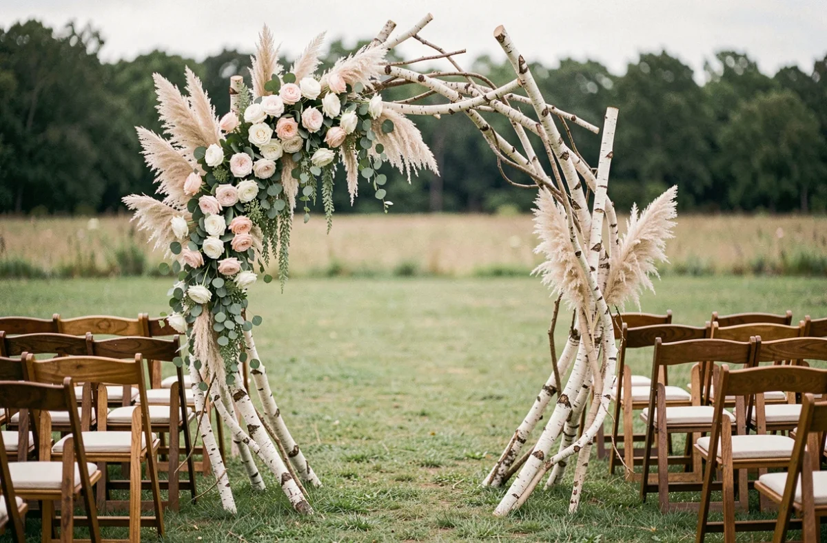 Arche sur mesure pour cérémonie laïque en branches de bouleau ornée de roses blanches, d'eucalyptus et de pampa en extérieur