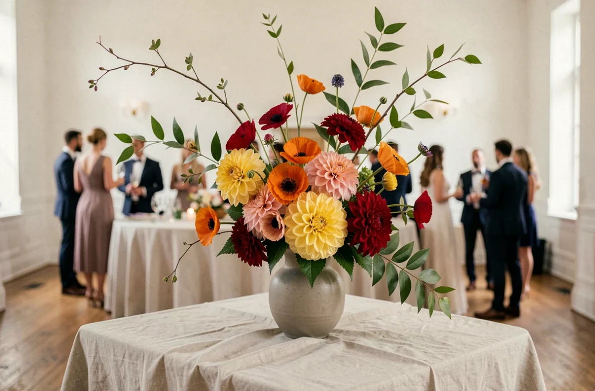 Arrangement floral sculptural réalisé avec des fleurs locales et sauvages comme des dahlias et coquelicots sur une table de mariage