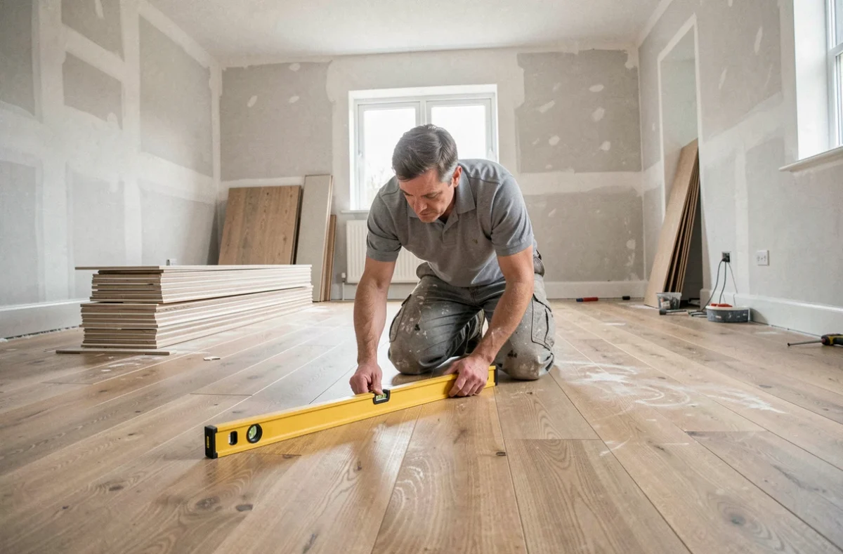 Artisan vérifiant la pose d'un parquet en bois dans un appartement en cours de rénovation immobilière