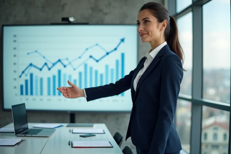 Femme cheffe d'entreprise présentant des graphiques de croissance dans une salle de réunion moderne