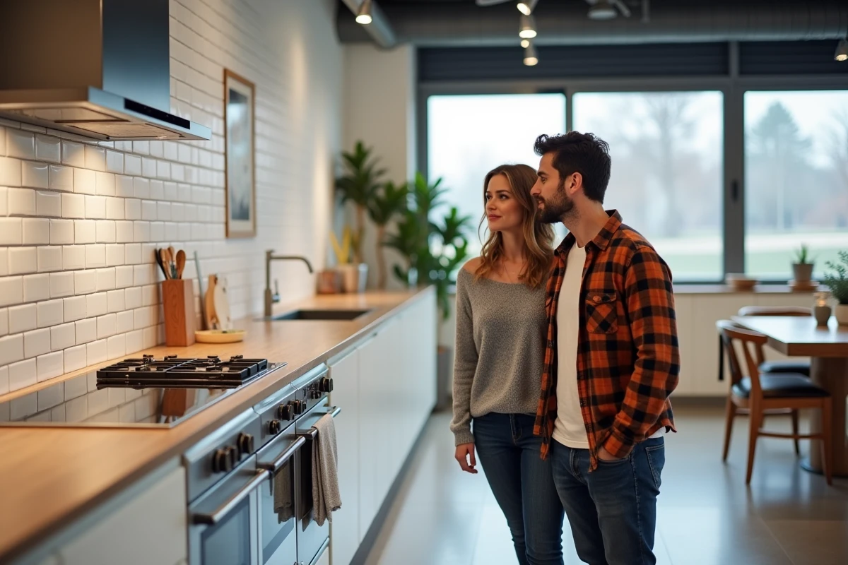 Couple choisissant des appareils électroménagers dans un showroom de cuisine moderne