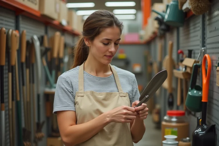 Femme choisissant un outil de jardinage dans un magasin de bricolage, tenant une truelle en inox