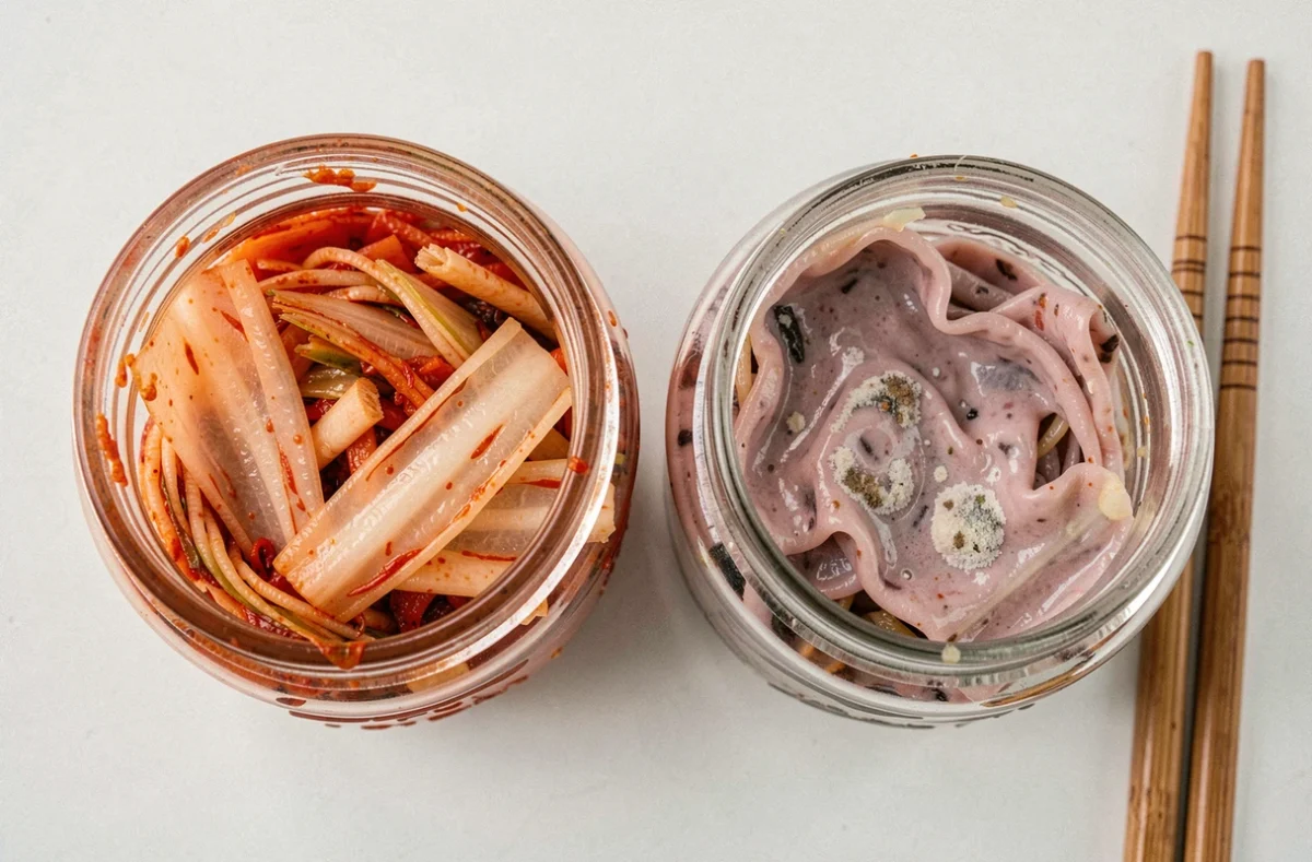 Comparaison entre un kimchi frais et un kimchi avarié dans deux bocaux en verre ouverts vus de dessus