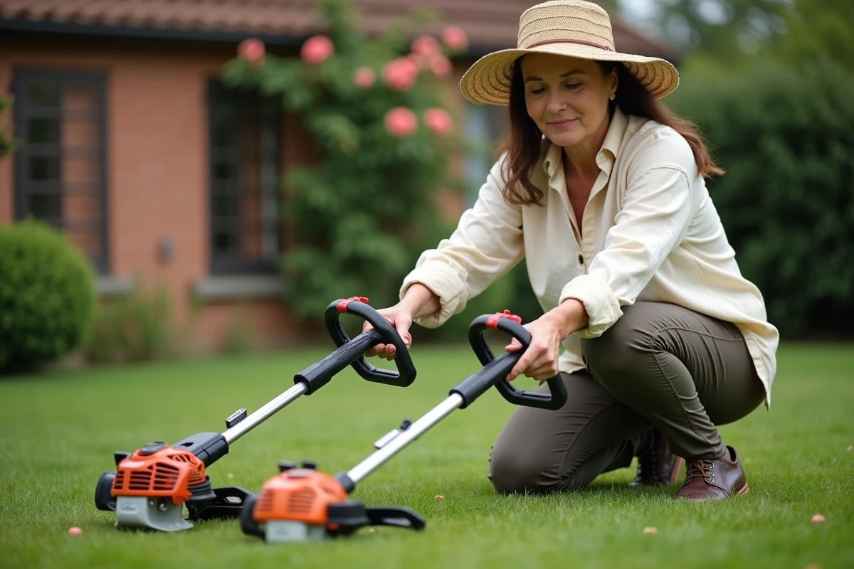 Femme comparant deux modèles de coupe-bordures thermiques dans un jardin résidentiel