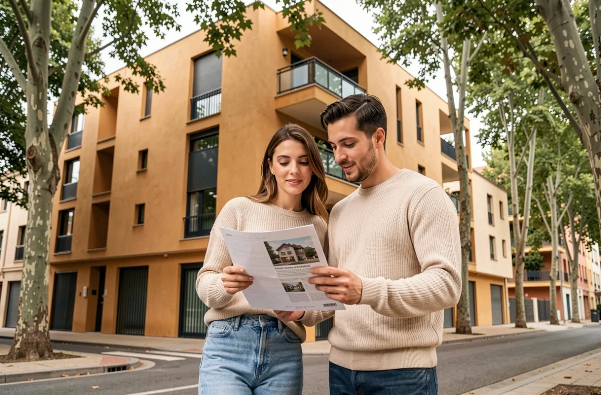 Couple consultant une annonce de logement devant une résidence Cileo Habitat à Toulouse