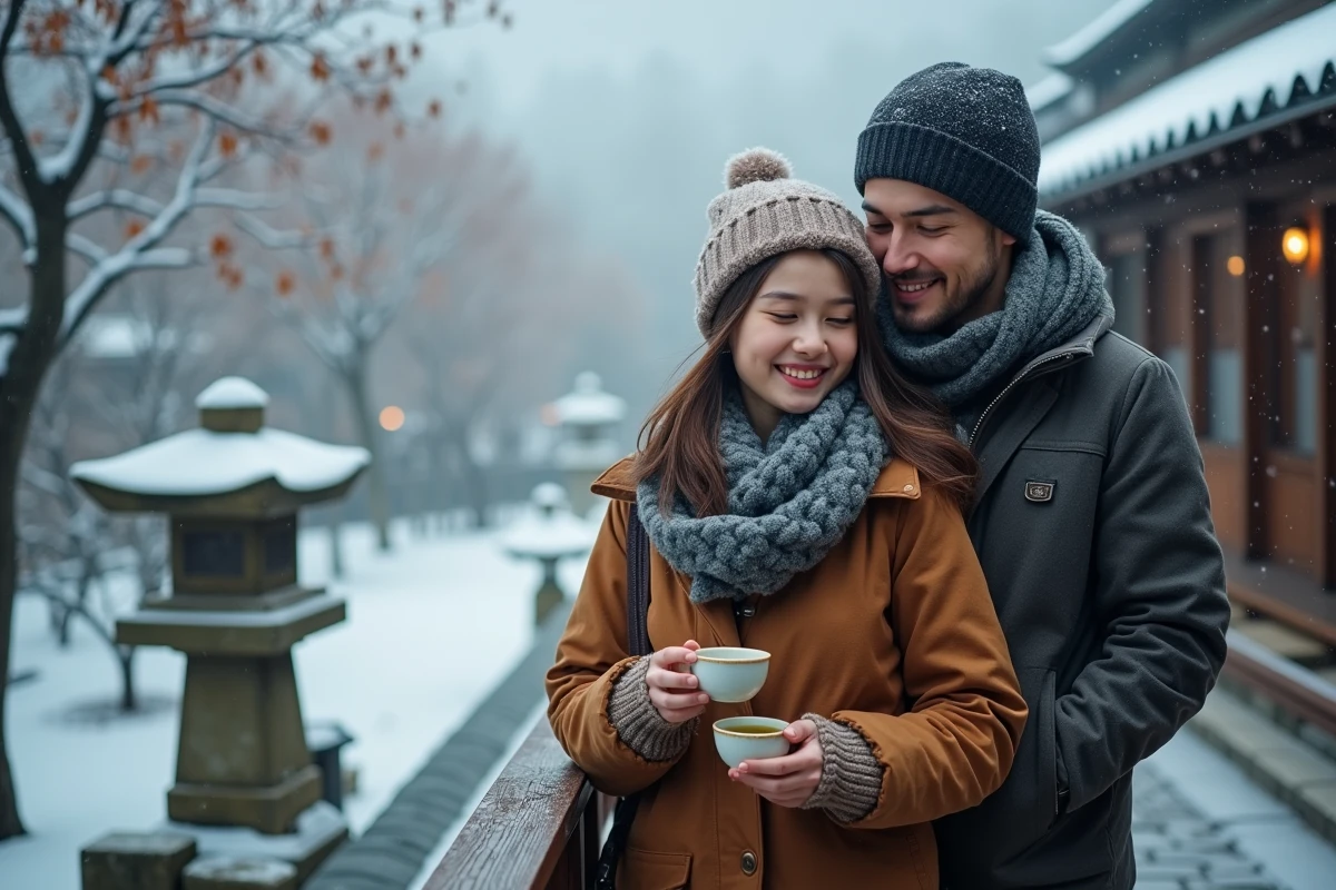 Couple en tenue hivernale savourant du thé matcha sur une terrasse de ryokan enneigée à Kyoto au Japon