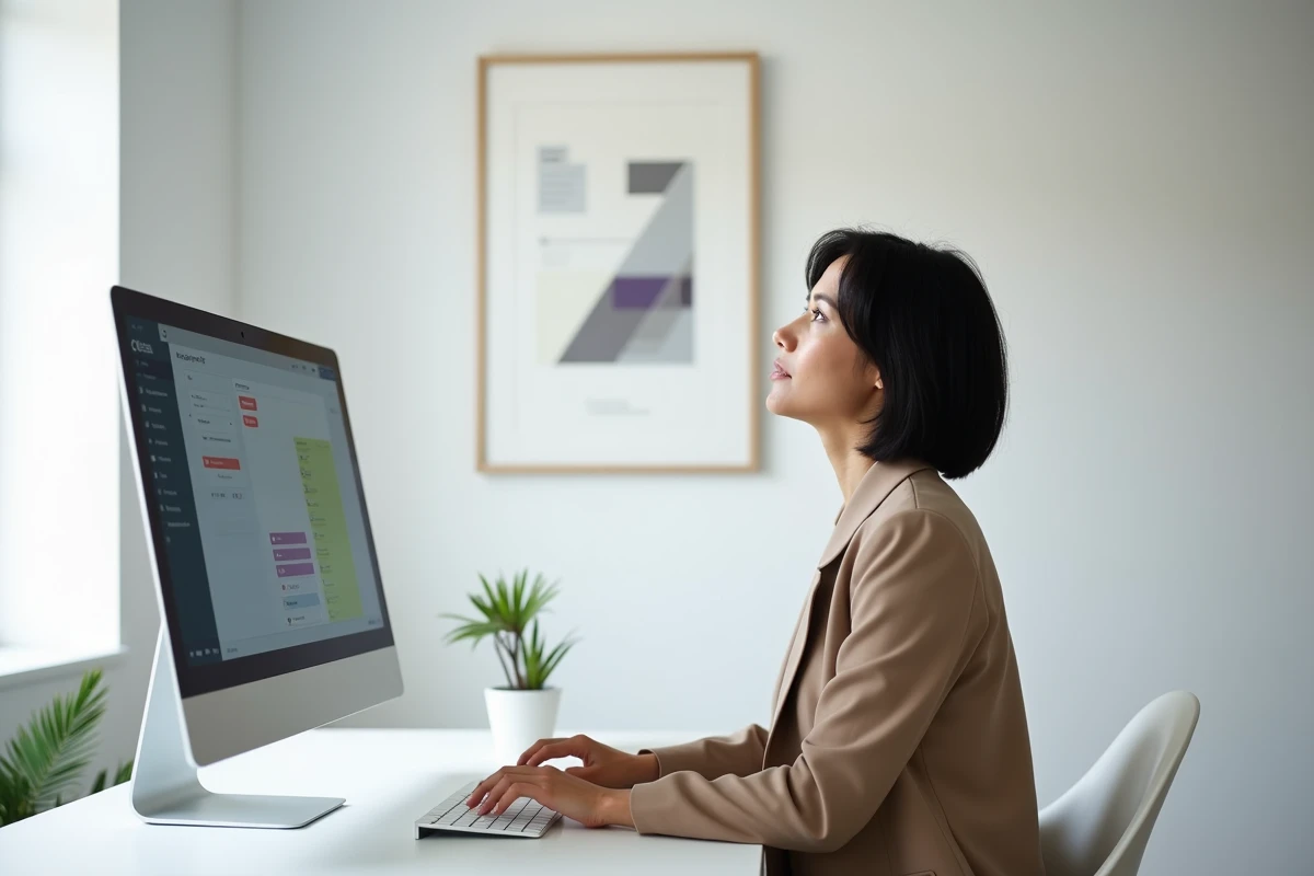 Créatrice de templates Notion concevant un tableau de bord productivité depuis son bureau à domicile pour le vendre en ligne