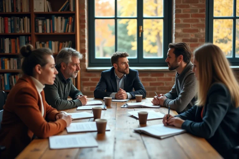 Groupe d'adultes engagés dans un débat intellectuel autour d'une table en chêne dans une salle de séminaire universitaire