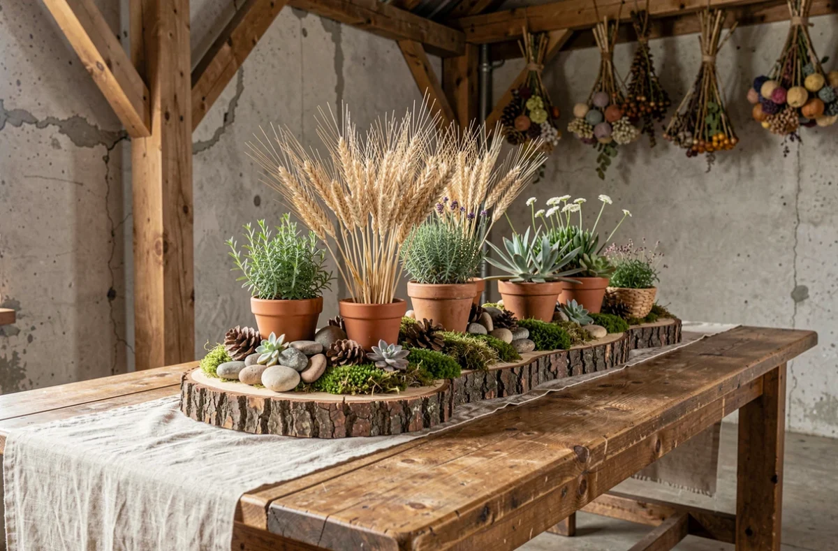 Décoration de mariage rustique avec du bois brut, mousse, épis de blé, pommes de pin et plantes succulentes dans des pots en terracotta
