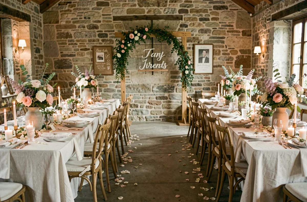 Vue d'ensemble d'une salle de mariage décorée avec des idées originales mêlant fleurs, bougies, bois et vaisselle coordonnée