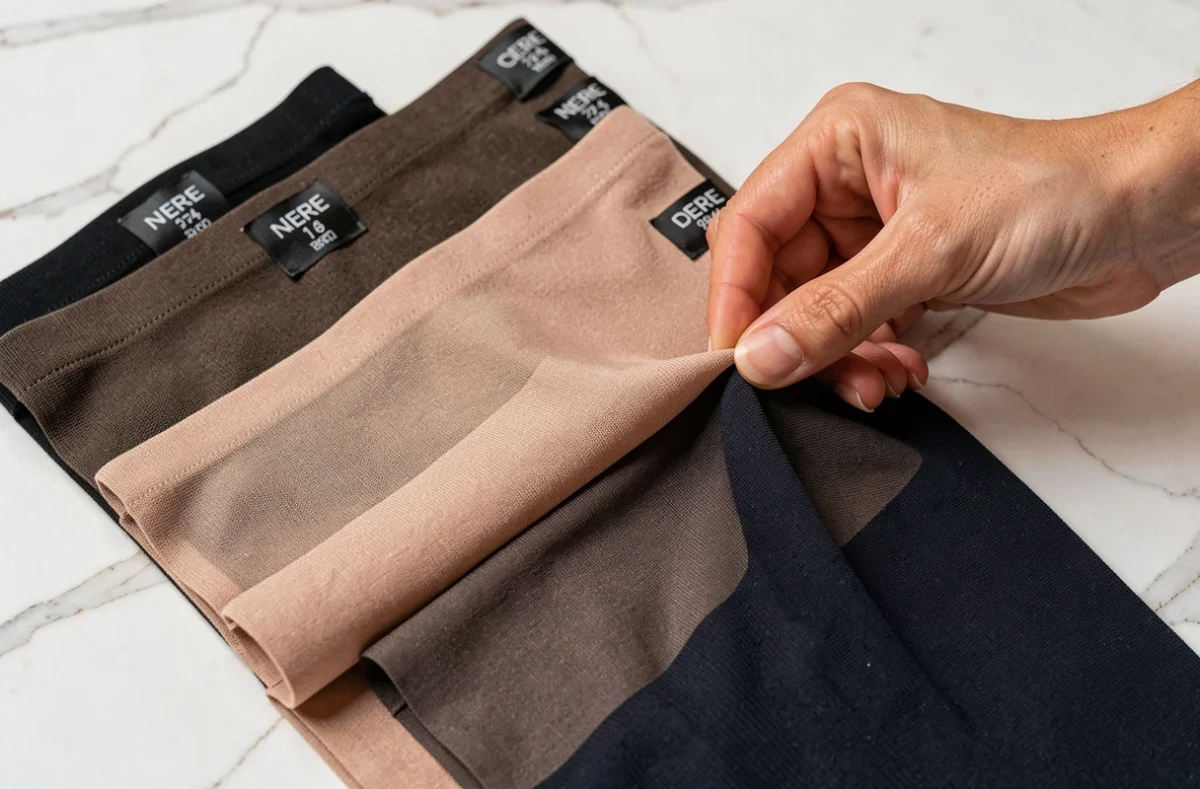 Détail de plusieurs collants de qualité variée posés sur marbre blanc