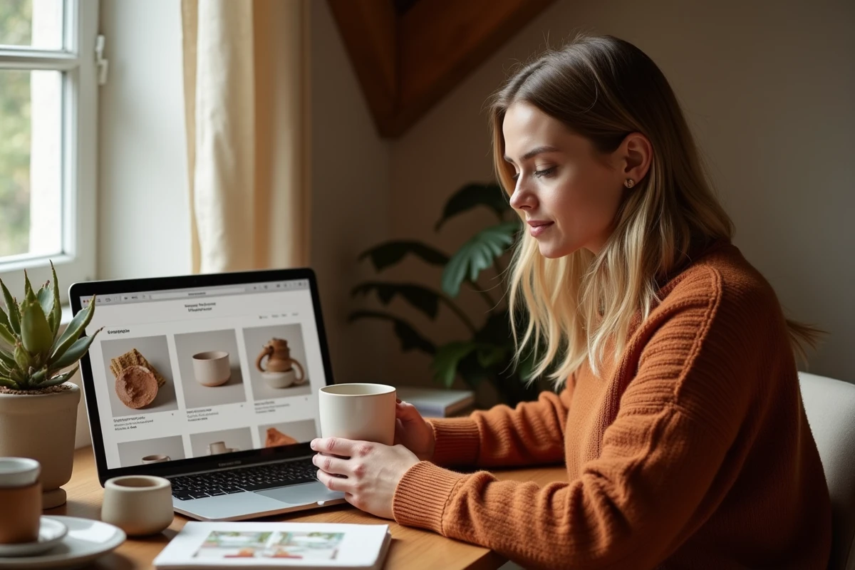 Entrepreneuse pratiquant le dropshipping de niche avec des produits sourcés localement, comparant des articles physiques à sa boutique en ligne