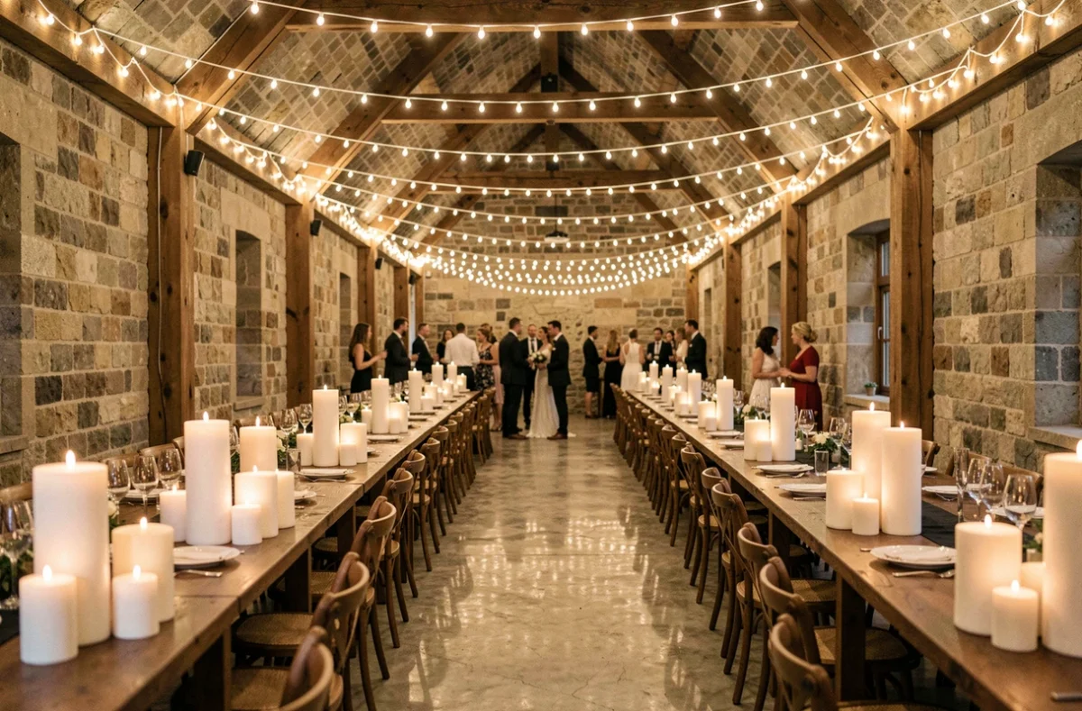 Éclairage architectural de mariage avec guirlandes lumineuses entre des poutres en bois et bougies piliers sur les tables de réception