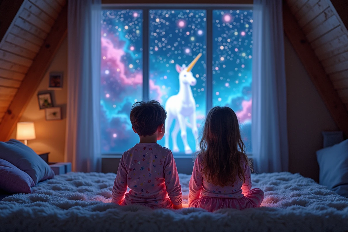 Deux enfants regardant un unicorn holographique dans une chambre cosy