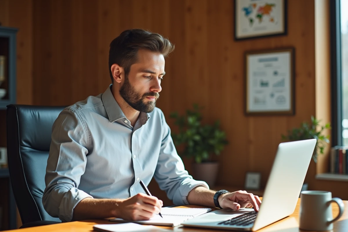 Entrepreneur concentré planifiant la stratégie de croissance de son entreprise dans un bureau privé