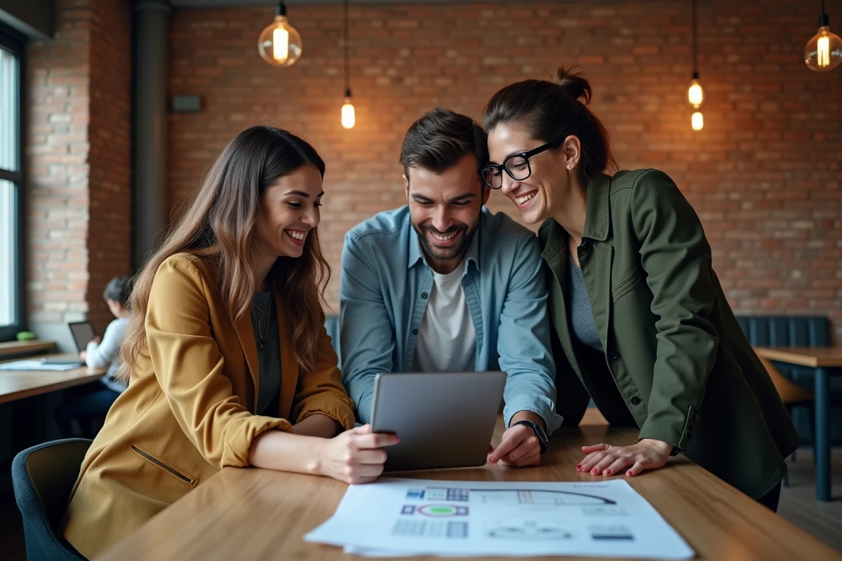Équipe professionnelle diversifiée collaborant sur une stratégie de développement d'entreprise dans un espace de coworking