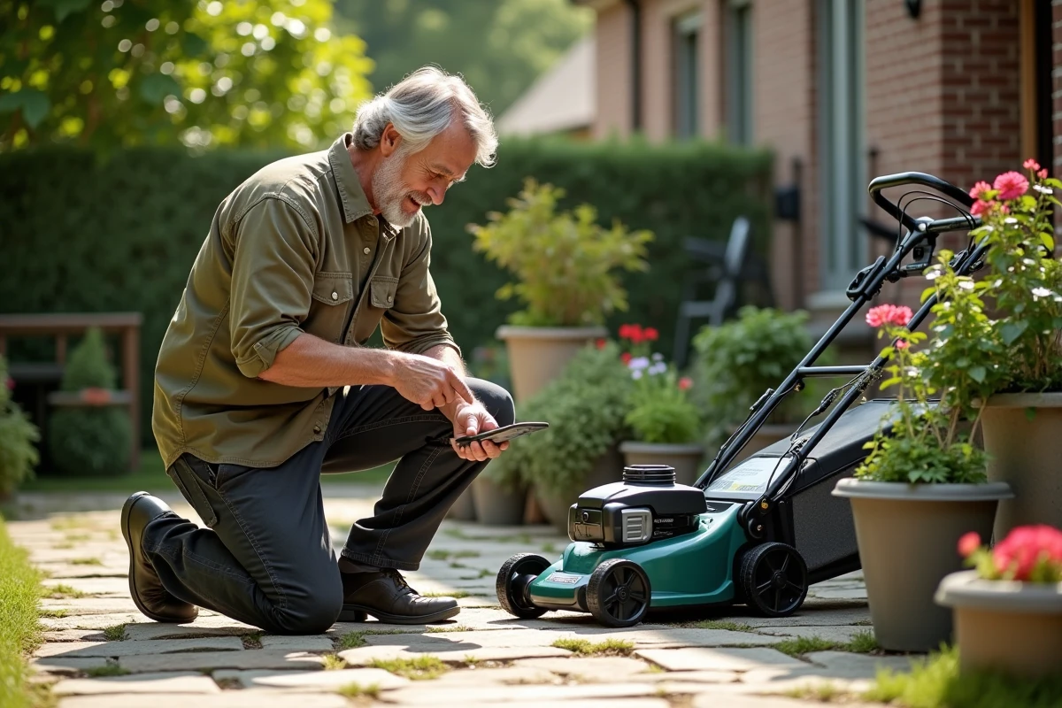 Homme comparant des équipements de jardin sur une terrasse en pierre, avec tondeuse et tuyaux d'arrosage