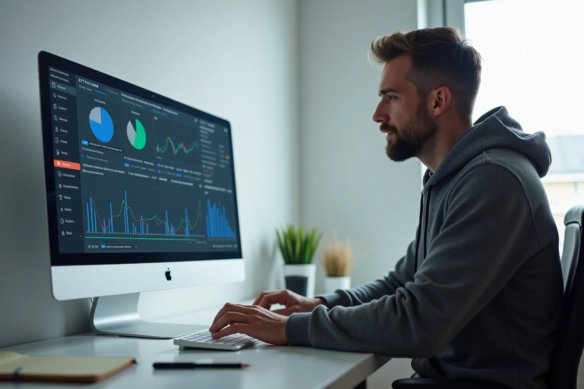 Investisseur particulier gérant ses ETF et sa stratégie de DCA depuis son bureau à domicile grâce à un tableau de bord financier