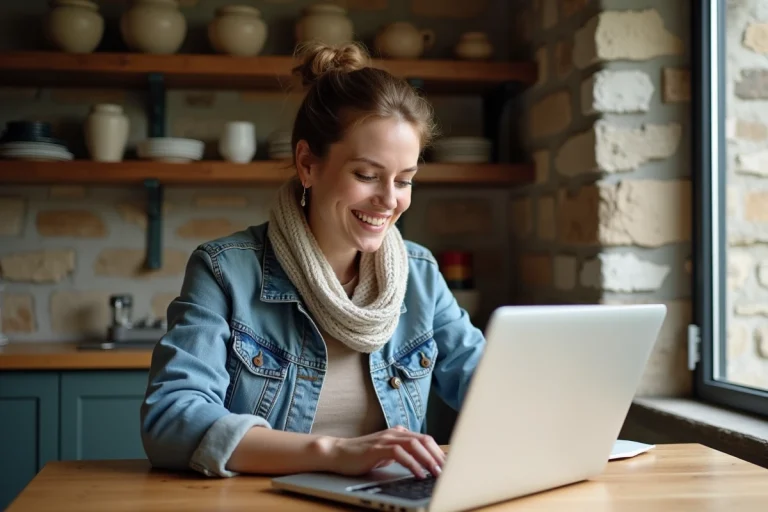 Femme souriante utilisant un ordinateur dans une cuisine bretonne chaleureuse