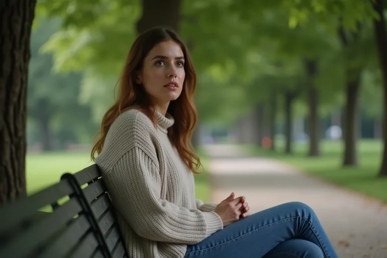 Femme assise sur un banc dans un parc verdoyant