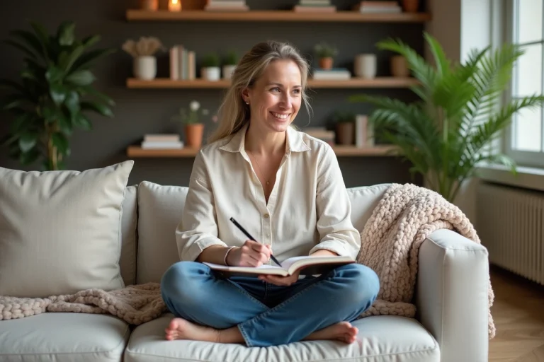 Femme assise sur un canapé en train de dessiner des idées de design intérieur