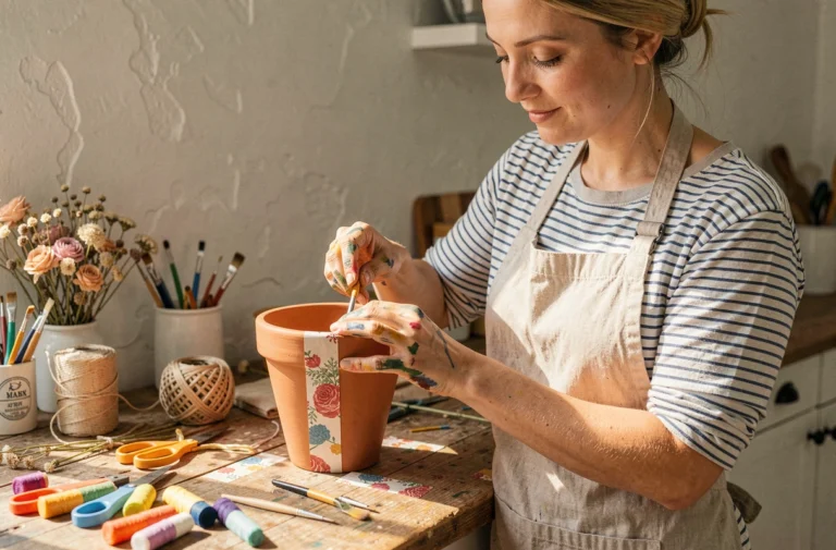 Femme créant une décoration DIY avec du washi tape sur un pot en terre cuite dans une cuisine artisanale