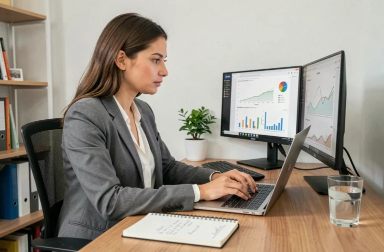 Femme entrepreneur analysant des statistiques de commerce en ligne sur un double écran dans un bureau moderne à domicile