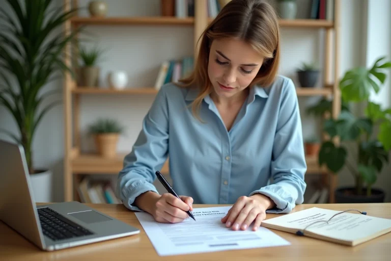 Femme remplissant un formulaire de demande de passeport à son bureau à domicile