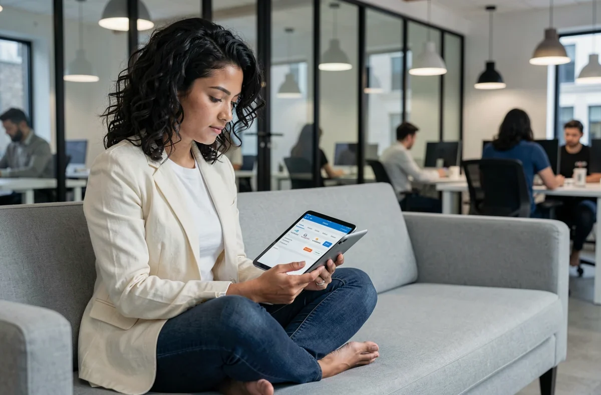 Femme gestionnaire de sites web consultant un panneau de contrôle d'hébergement multi-domaines sur une tablette dans un espace de coworking