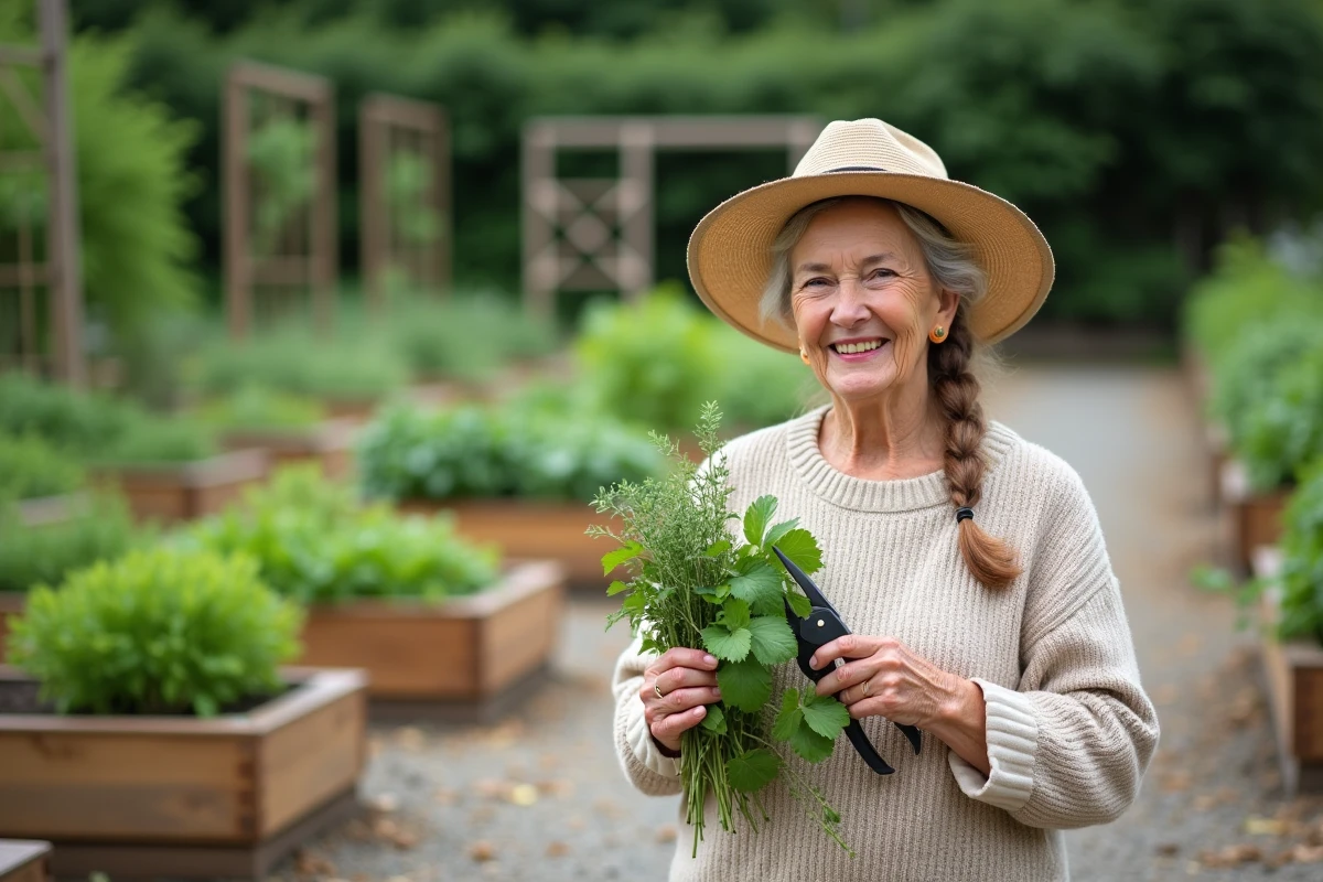 Femme âgée cueillant des herbes dans un jardin communautaire