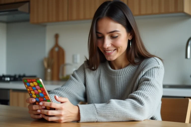 Femme jouant à un jeu de puzzle sur smartphone avec des bonbons colorés, illustrant les niveaux de Candy Crush en 2026