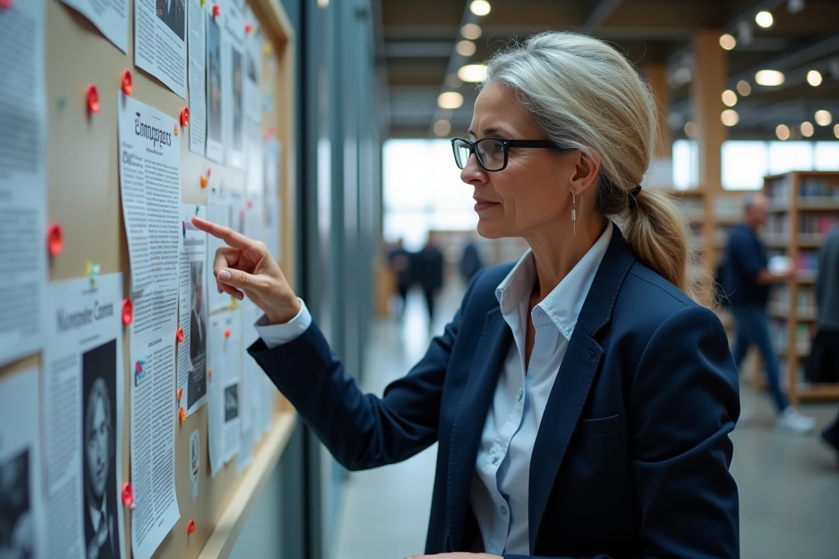 Femme concentrée lisant des articles d'opinion épinglés sur un tableau d'affichage dans une bibliothèque publique contemporaine