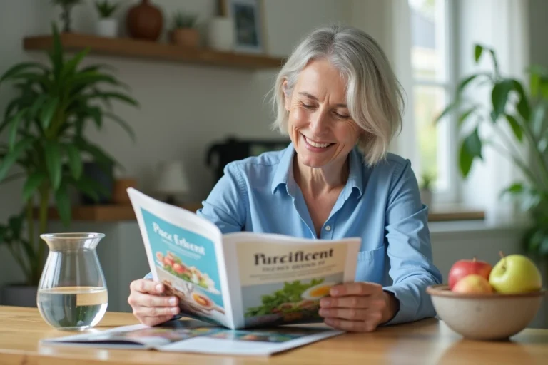 Femme souriante lisant un magazine santé dans la cuisine