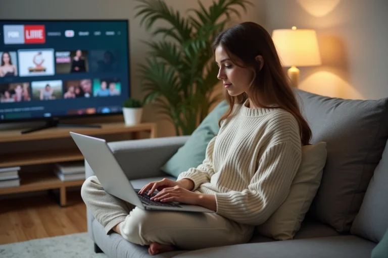 Jeune femme en détente sur un canapé moderne avec ordinateur