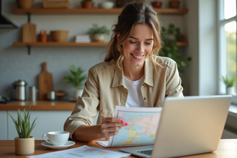 Femme souriante préparant ses documents de voyage à la maison