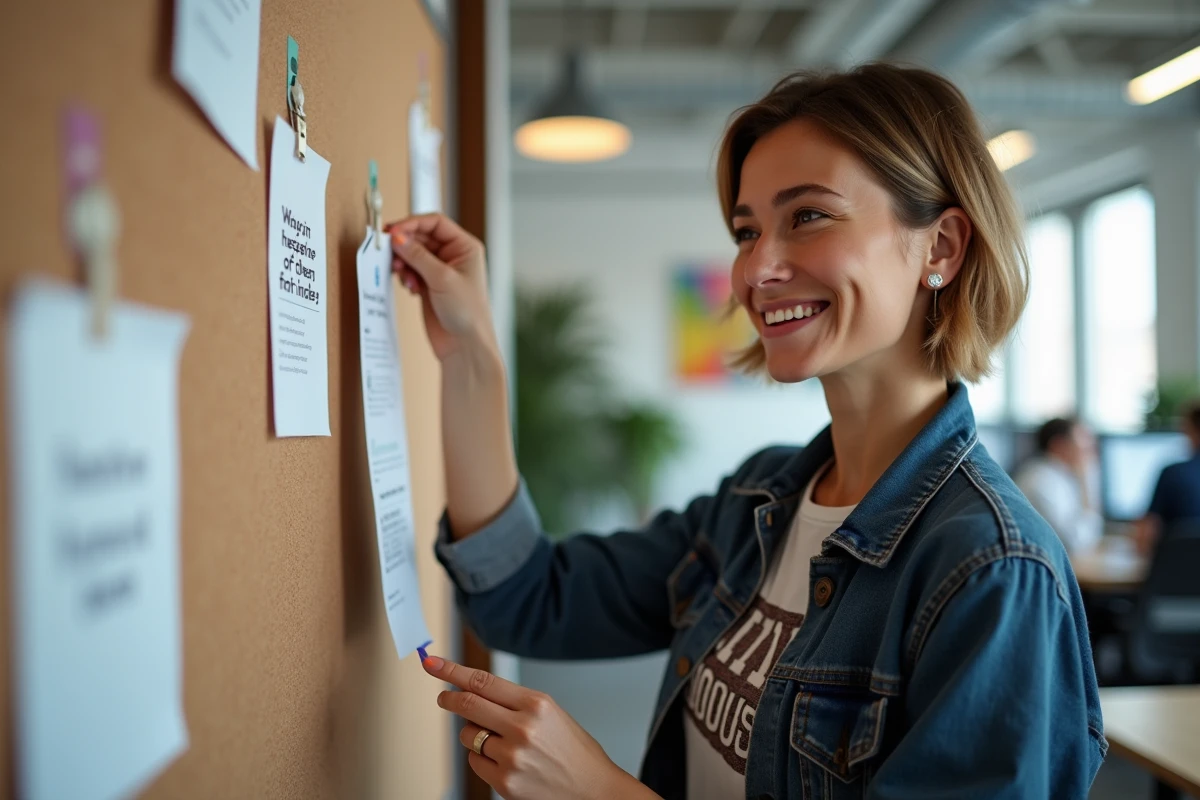 Femme affichant une annonce de lancement dans un espace de coworking