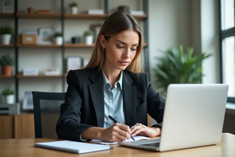 Femme professionnelle en bureau lumineux avec ordinateur portable
