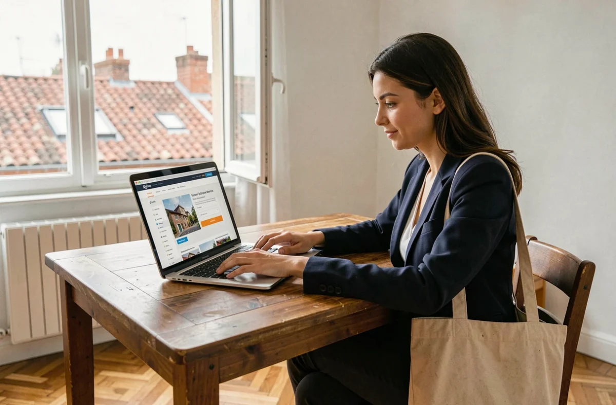 Femme recherchant un appartement Cileo Habitat sur internet depuis son logement à Toulouse