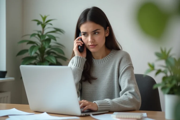Femme cherchant le numéro de téléphone du service client Roomlala sur son ordinateur portable tout en téléphonant