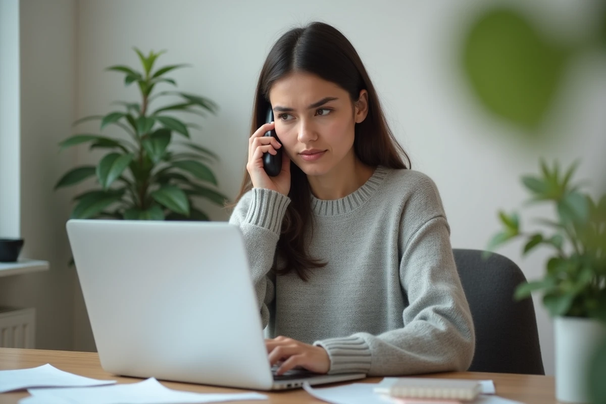 Femme cherchant le numéro de téléphone du service client Roomlala sur son ordinateur portable tout en téléphonant