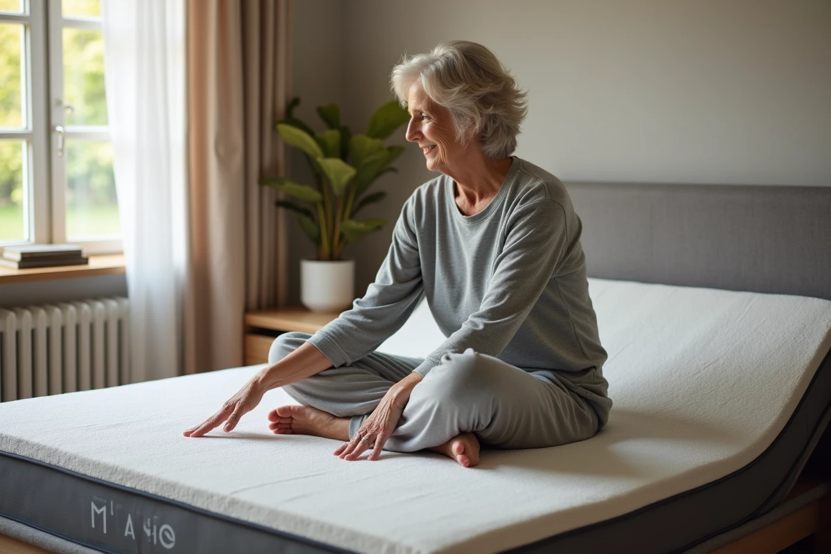 Femme testant l'élasticité d'un matelas en latex posé sur un lit électrique réglable dans une chambre chaleureuse