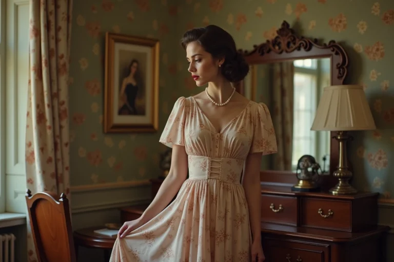 Femme élégante en robe vintage 1940s regardant son reflet