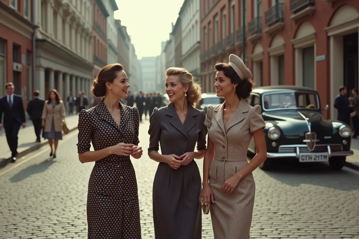 Trois femmes en robes vintage discutant dans une rue pavée