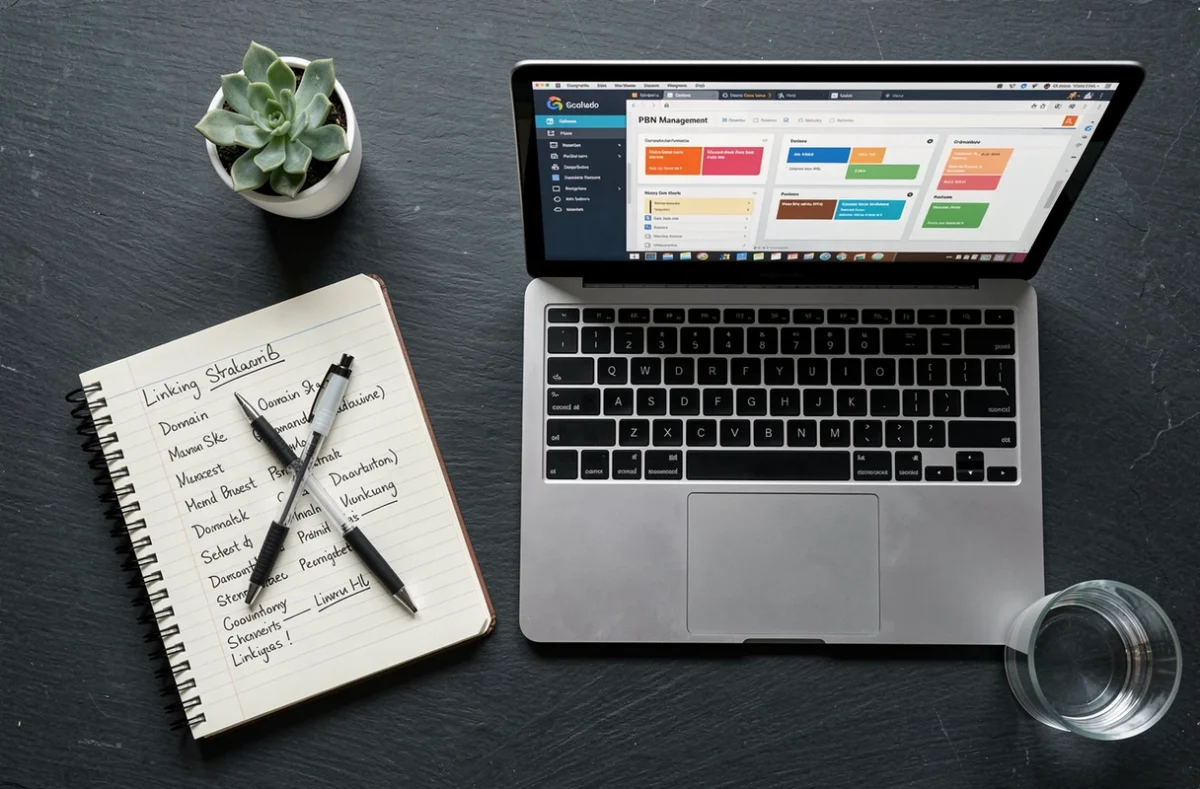 Vue aérienne d'un bureau avec laptop affichant un logiciel de gestion de réseau PBN et cahier de stratégie de liens entre sites