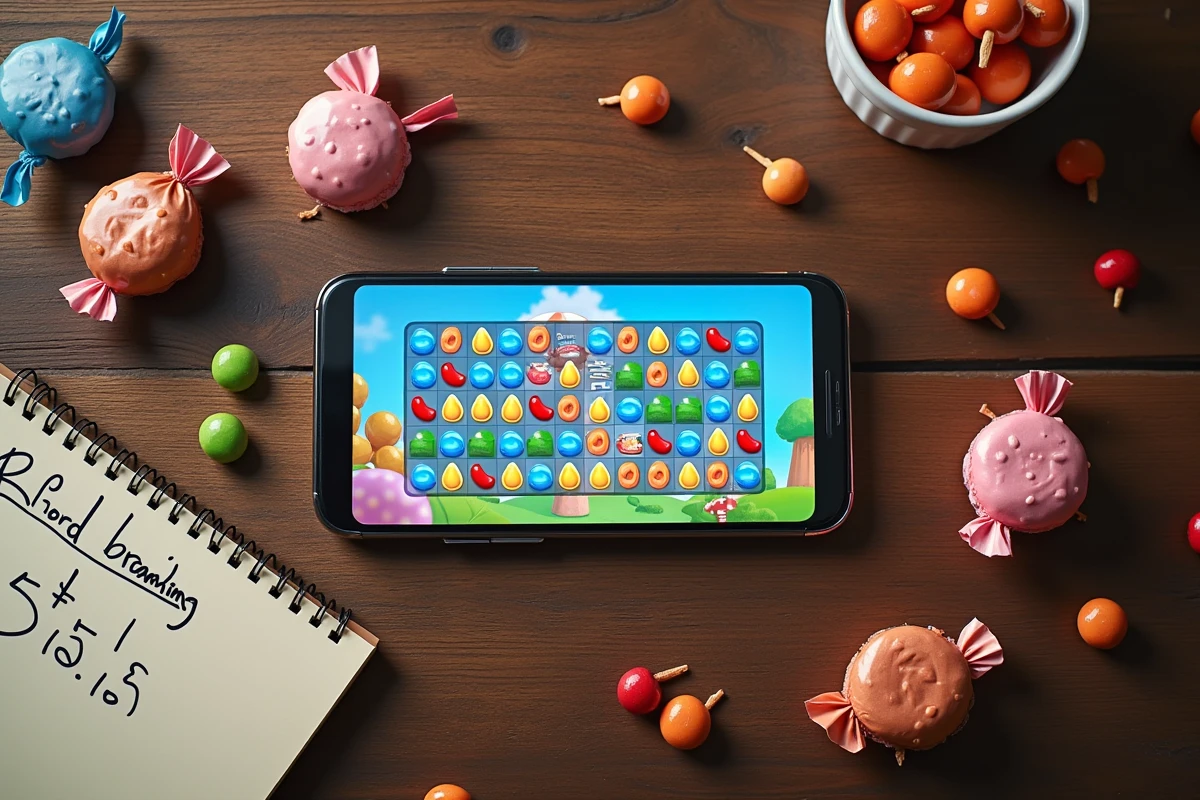 Vue de dessus d'un smartphone affichant la carte des niveaux de Candy Crush entouré de bonbons décoratifs sur bureau en bois