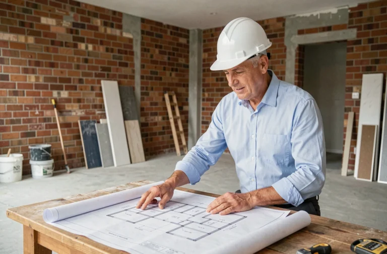 Propriétaire et chef de chantier examinent des plans architecturaux lors de travaux de rénovation immobilière