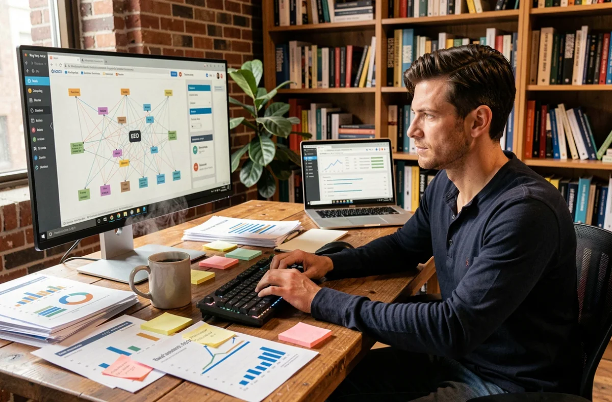 Professionnel du marketing digital gérant un réseau de sites PBN sur un écran avec diagramme de nœuds interconnectés dans un bureau moderne