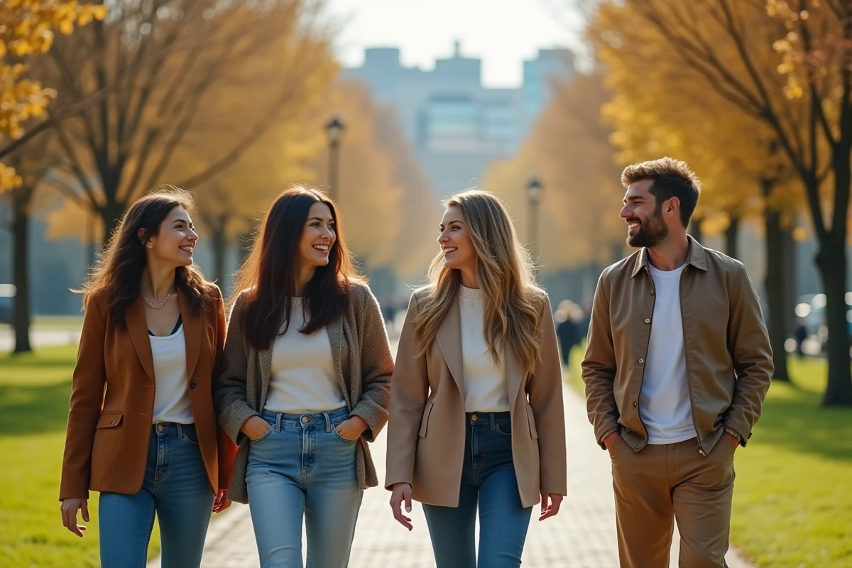 Groupe de personnes marchant dans un parc urbain ensoleille