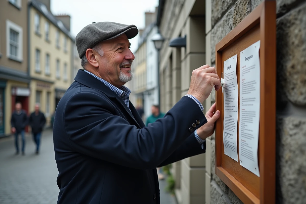 Homme pinçant une annonce communautaire dans une place bretonne