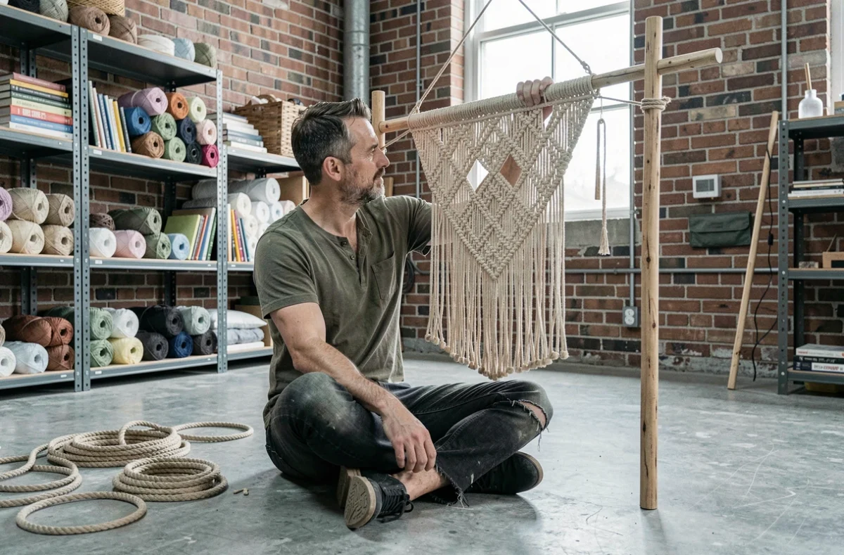 Homme assemblant un macramé géométrique dans un atelier de création DIY en milieu urbain